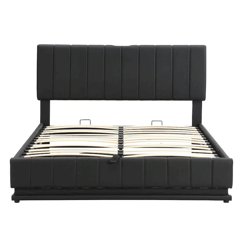 Cadre de lit plateforme relevable avec rangement, lit bas rembourré en cuir PU avec lumières LED télécommandées, prises et ports USB