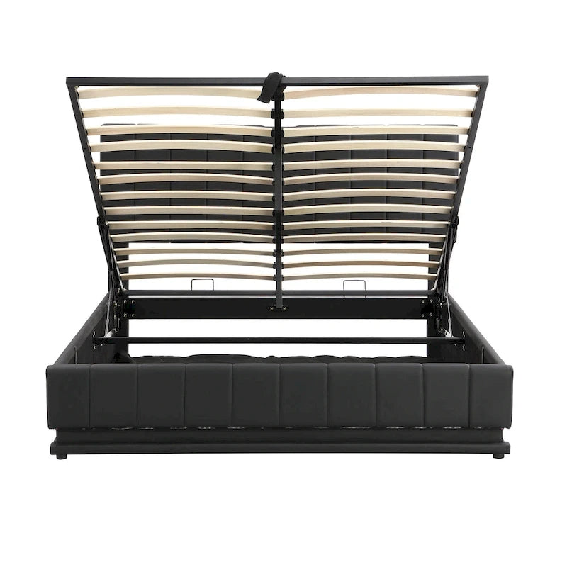 Cadre de lit plateforme relevable avec rangement, lit bas rembourré en cuir PU avec lumières LED télécommandées, prises et ports USB