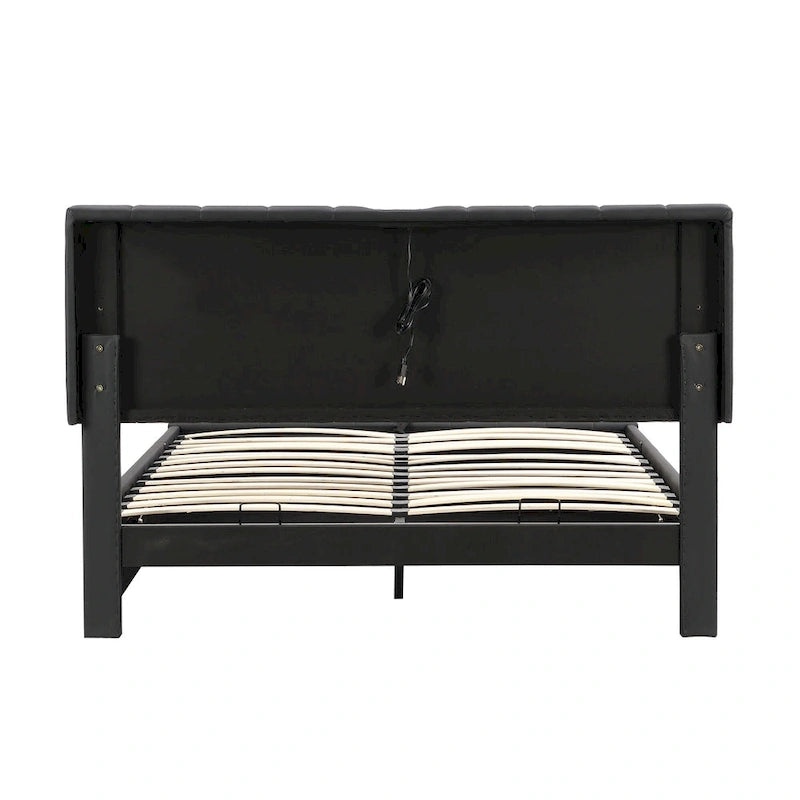 Cadre de lit plateforme relevable avec rangement, lit bas rembourré en cuir PU avec lumières LED télécommandées, prises et ports USB