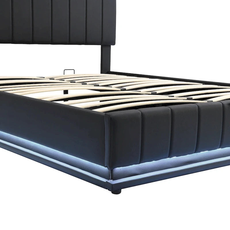 Cadre de lit plateforme relevable avec rangement, lit bas rembourré en cuir PU avec lumières LED télécommandées, prises et ports USB