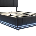 Cadre de lit plateforme relevable avec rangement, lit bas rembourré en cuir PU avec lumières LED télécommandées, prises et ports USB