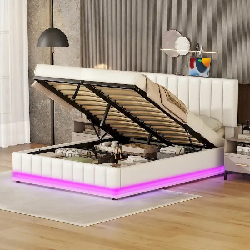 Cadre de lit plateforme relevable avec rangement, lit bas rembourré en cuir PU avec lumières LED télécommandées, prises et ports USB