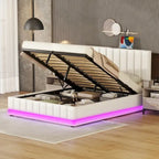 Cadre de lit plateforme relevable avec rangement, lit bas rembourré en cuir PU avec lumières LED télécommandées, prises et ports USB