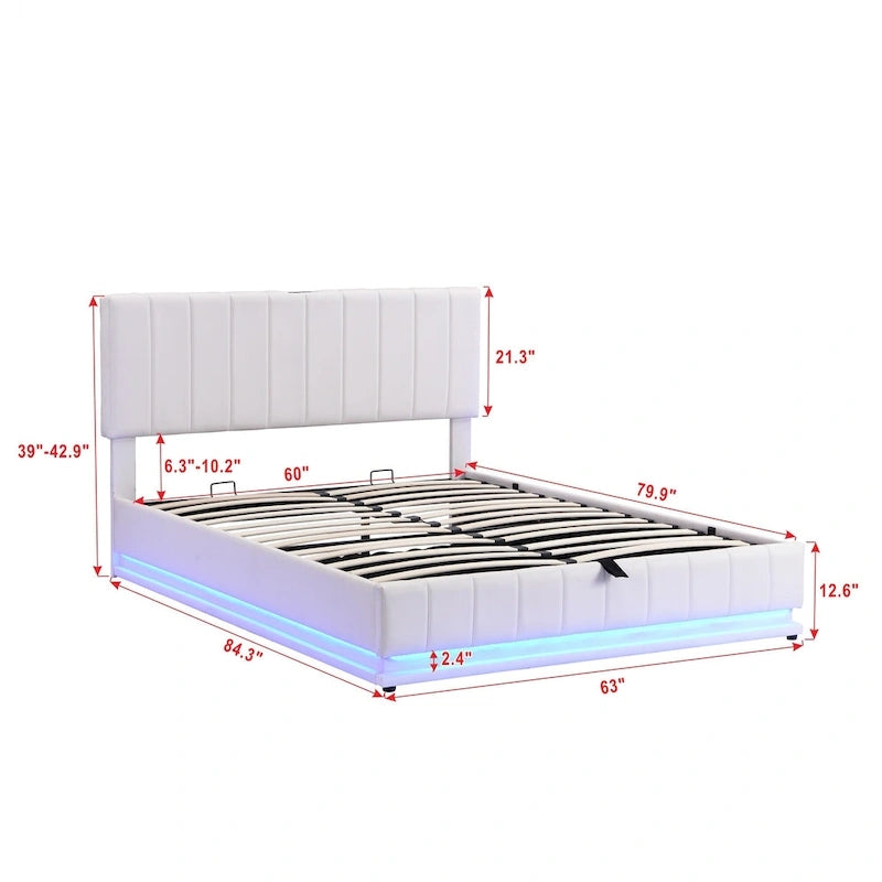 Cadre de lit plateforme relevable avec rangement, lit bas rembourré en cuir PU avec lumières LED télécommandées, prises et ports USB