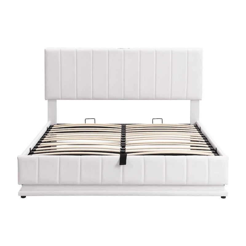 Cadre de lit plateforme relevable avec rangement, lit bas rembourré en cuir PU avec lumières LED télécommandées, prises et ports USB