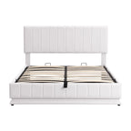 Cadre de lit plateforme relevable avec rangement, lit bas rembourré en cuir PU avec lumières LED télécommandées, prises et ports USB