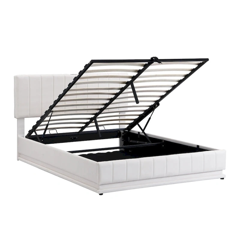 Cadre de lit plateforme relevable avec rangement, lit bas rembourré en cuir PU avec lumières LED télécommandées, prises et ports USB
