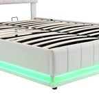 Cadre de lit plateforme relevable avec rangement, lit bas rembourré en cuir PU avec lumières LED télécommandées, prises et ports USB