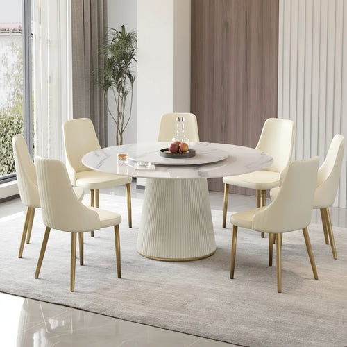 Table à manger ronde de 150 cm pour 8 personnes, plateau en pierre frittée blanche avec plateau tournant - N/A