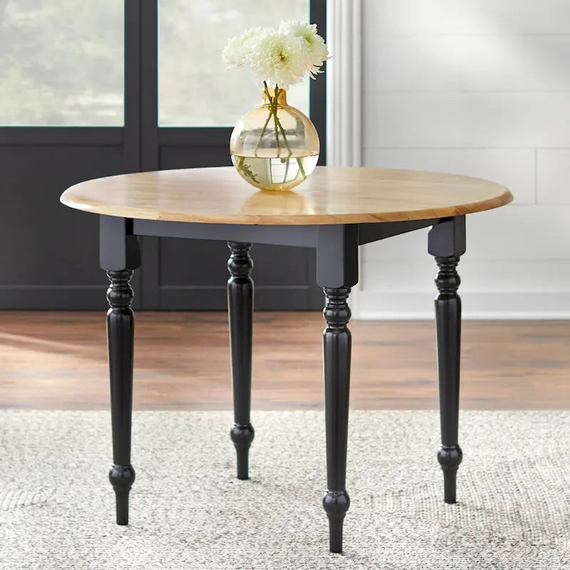 Table ronde à abattants de 102 cm en hévéa bicolore