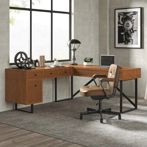 Alfons Industrial L-shaped Lift Top Cane Executive Office Desk with Drawers and Built-In Outlets by 