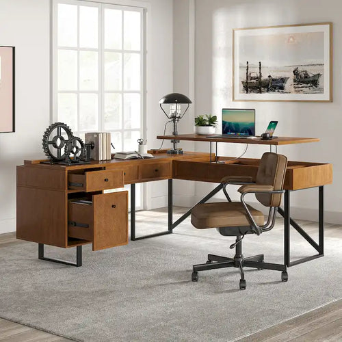 Bureau de direction Alfons Industrial en L avec plateau élévateur, rotin, tiroirs et prises intégrées par