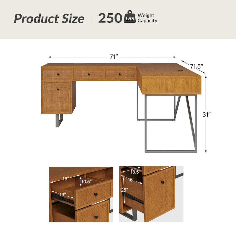 Bureau de direction Alfons Industrial en L avec plateau élévateur, rotin, tiroirs et prises intégrées par