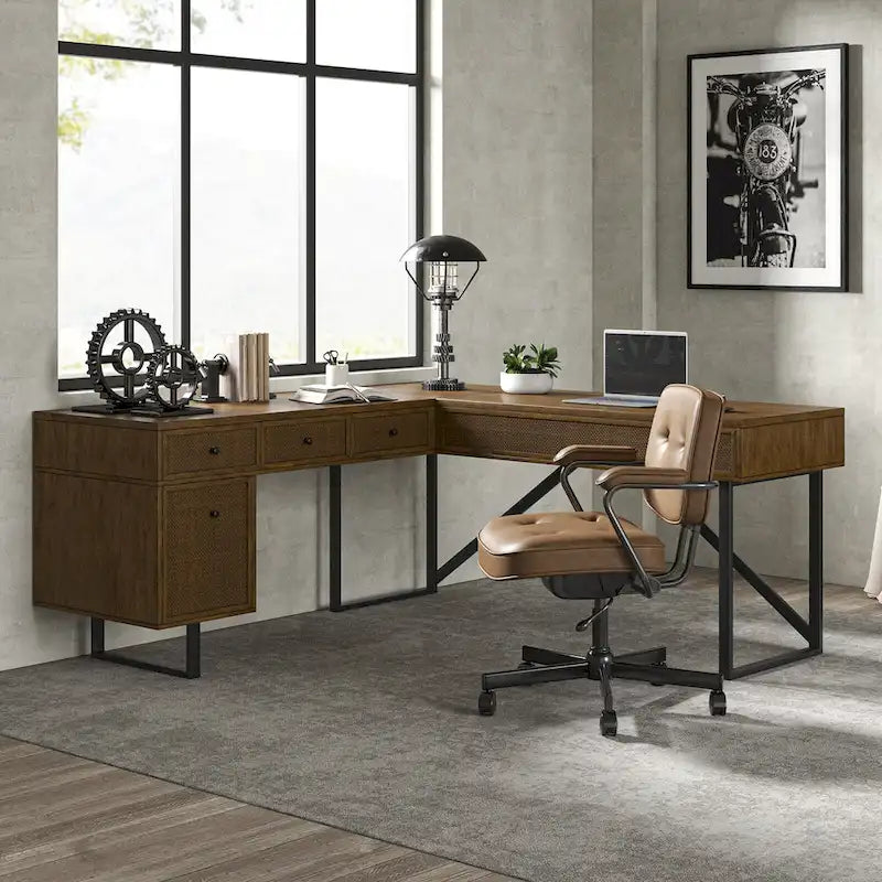 Bureau de direction Alfons Industrial en L avec plateau élévateur, rotin, tiroirs et prises intégrées par