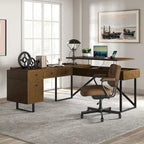 Bureau de direction Alfons Industrial en L avec plateau élévateur, rotin, tiroirs et prises intégrées par