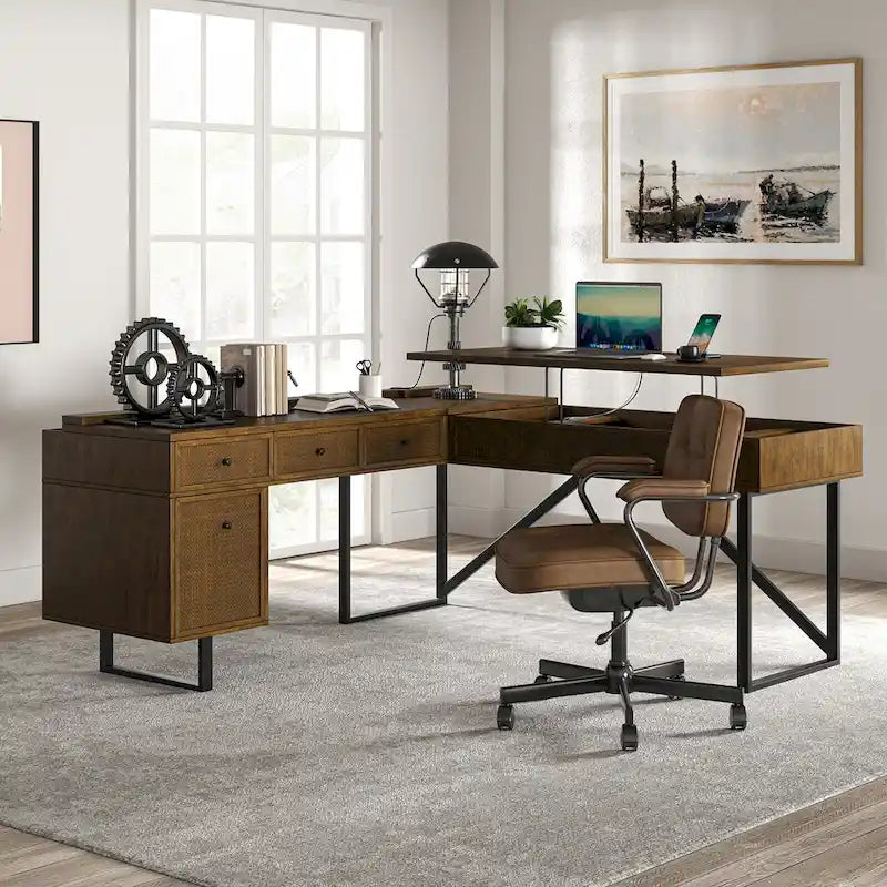 Bureau de direction Alfons Industrial en L avec plateau élévateur, rotin, tiroirs et prises intégrées par