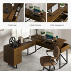 Bureau de direction Alfons Industrial en L avec plateau élévateur, rotin, tiroirs et prises intégrées par