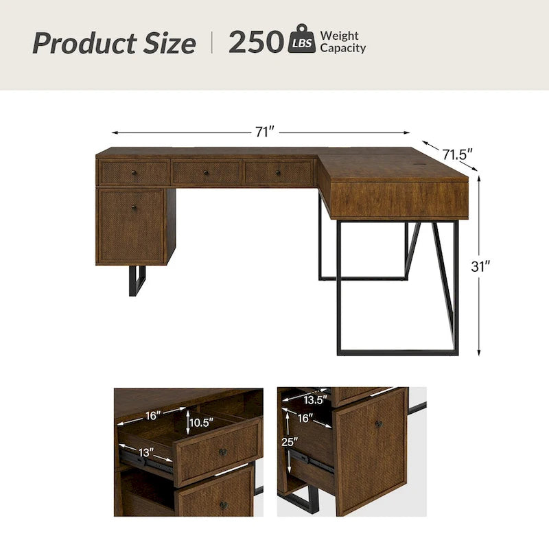 Bureau de direction Alfons Industrial en L avec plateau élévateur, rotin, tiroirs et prises intégrées par