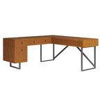 Bureau de direction Alfons Industrial en L avec plateau élévateur, rotin, tiroirs et prises intégrées par