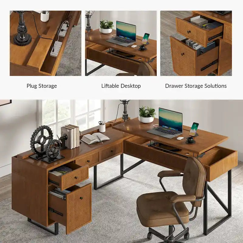 Bureau de direction Alfons Industrial en L avec plateau élévateur, rotin, tiroirs et prises intégrées par