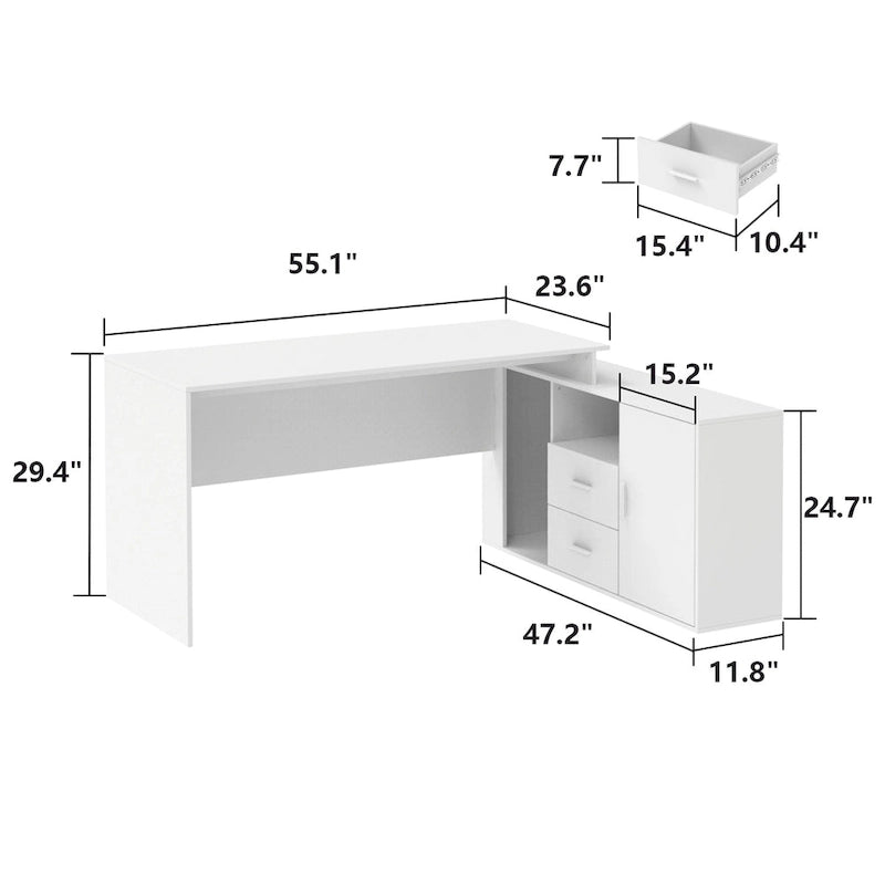 Bureau d'ordinateur en L avec tiroirs et étagères