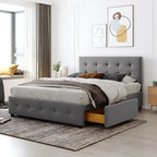 Lit plateforme Queen Size capitonné avec 4 tiroirs et tête de lit au design classique, cadre de lit en tissu lin
