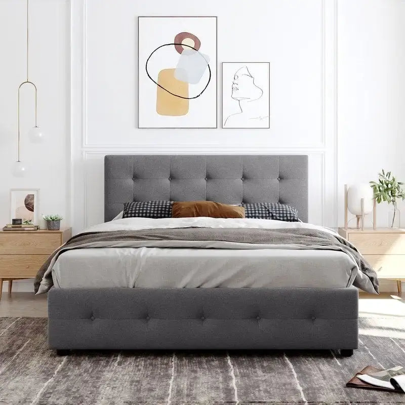 Lit plateforme Queen Size capitonné avec 4 tiroirs et tête de lit au design classique, cadre de lit en tissu lin