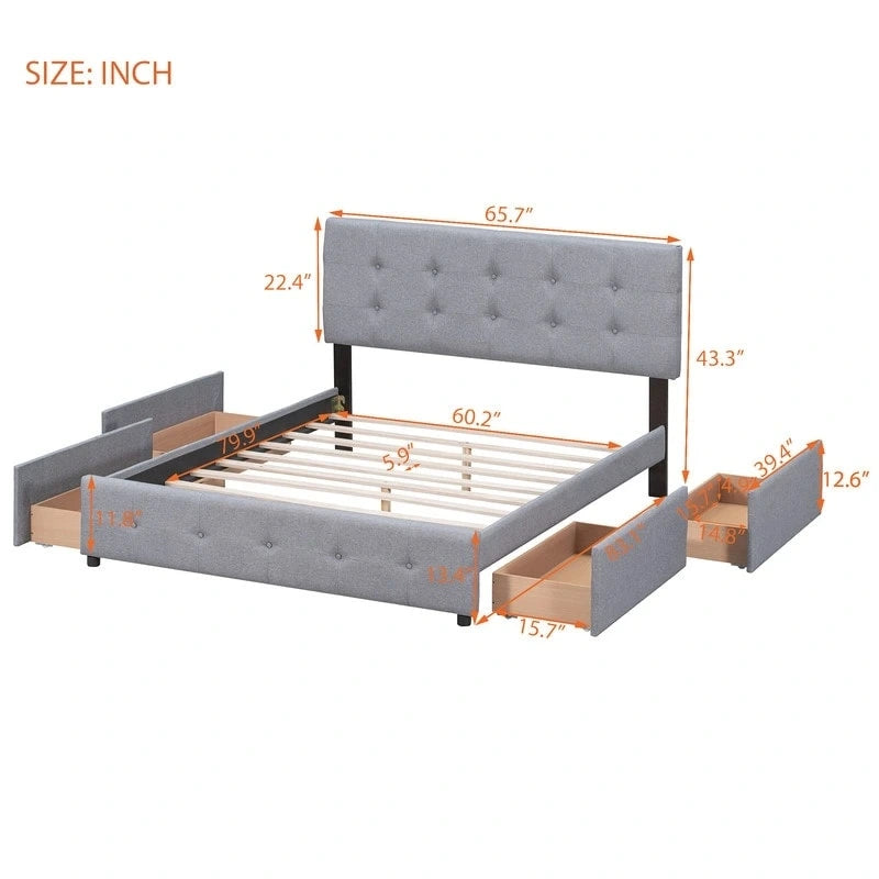Lit plateforme Queen Size capitonné avec 4 tiroirs et tête de lit au design classique, cadre de lit en tissu lin