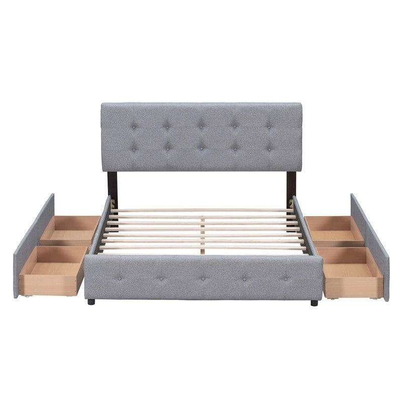 Lit plateforme Queen Size capitonné avec 4 tiroirs et tête de lit au design classique, cadre de lit en tissu lin