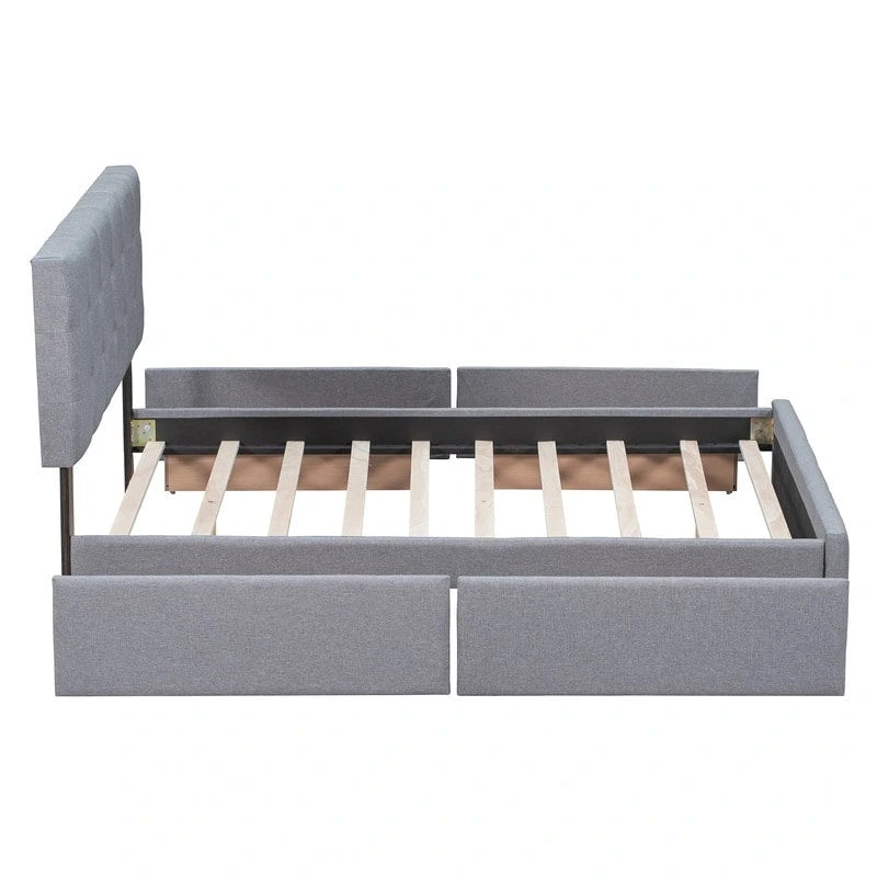 Lit plateforme Queen Size capitonné avec 4 tiroirs et tête de lit au design classique, cadre de lit en tissu lin