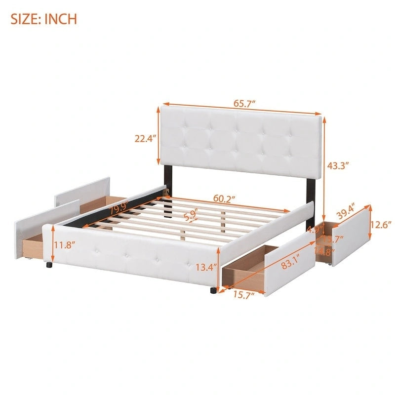Lit plateforme Queen Size capitonné avec 4 tiroirs et tête de lit au design classique, cadre de lit en tissu lin