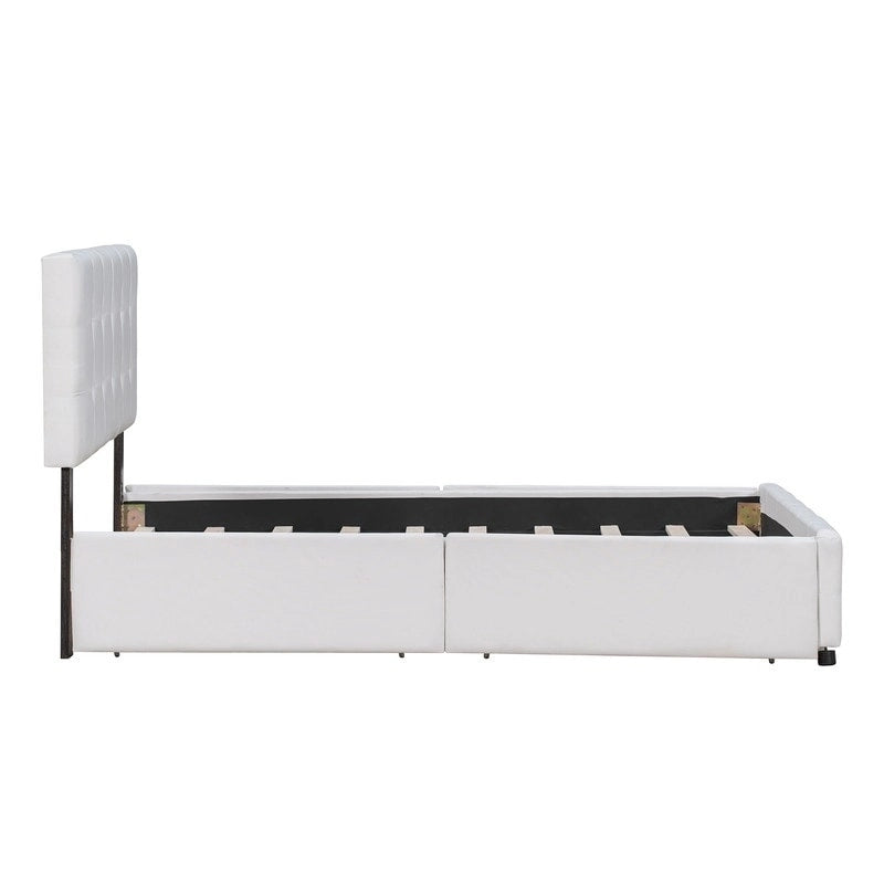 Lit plateforme Queen Size capitonné avec 4 tiroirs et tête de lit au design classique, cadre de lit en tissu lin