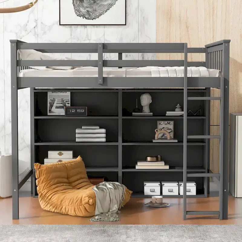 Lit mezzanine une place avec 8 étagères de rangement ouvertes et échelle intégrée, Gary