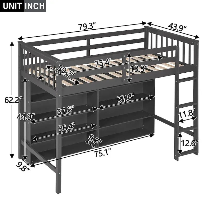 Lit mezzanine une place avec 8 étagères de rangement ouvertes et échelle intégrée, Gary