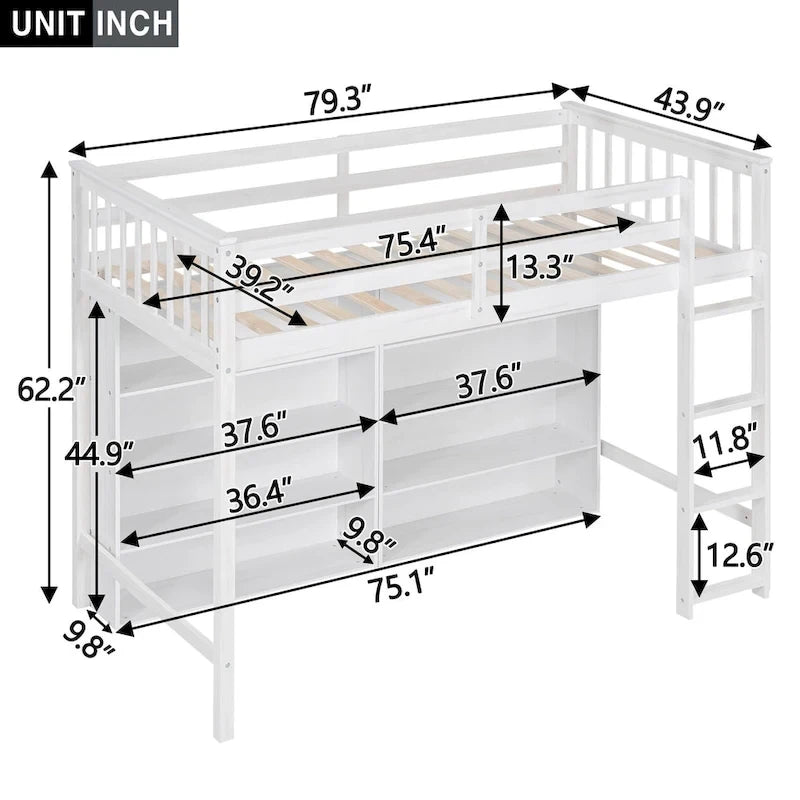 Lit mezzanine une place avec 8 étagères de rangement ouvertes et échelle intégrée, Gary