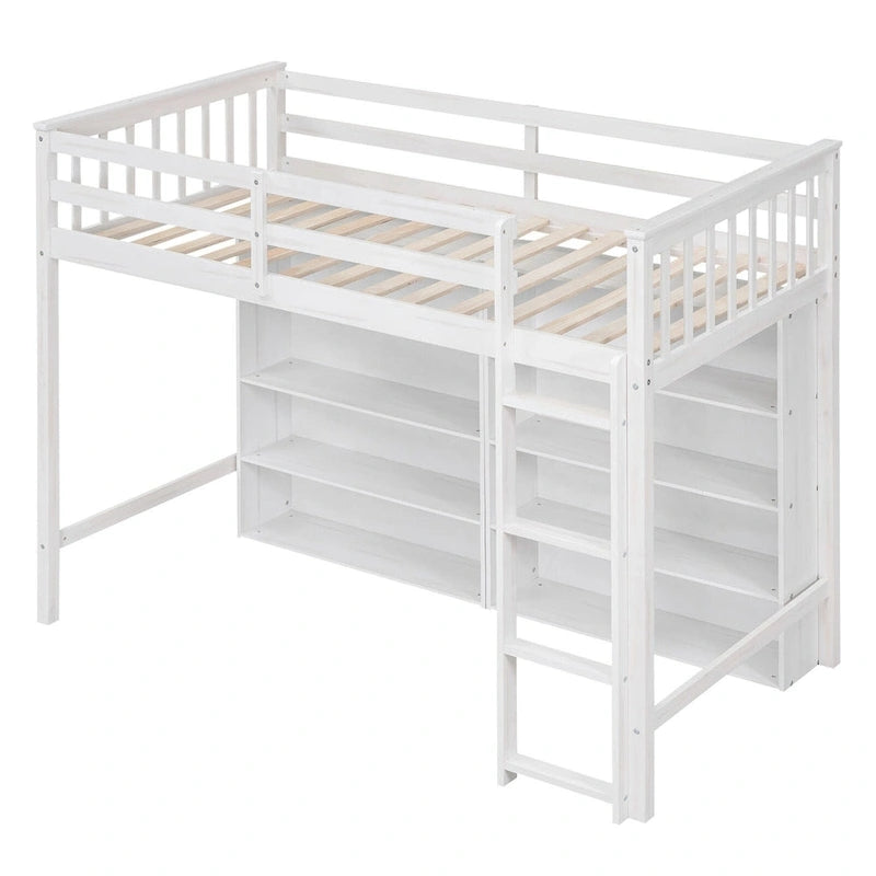 Lit mezzanine une place avec 8 étagères de rangement ouvertes et échelle intégrée, Gary
