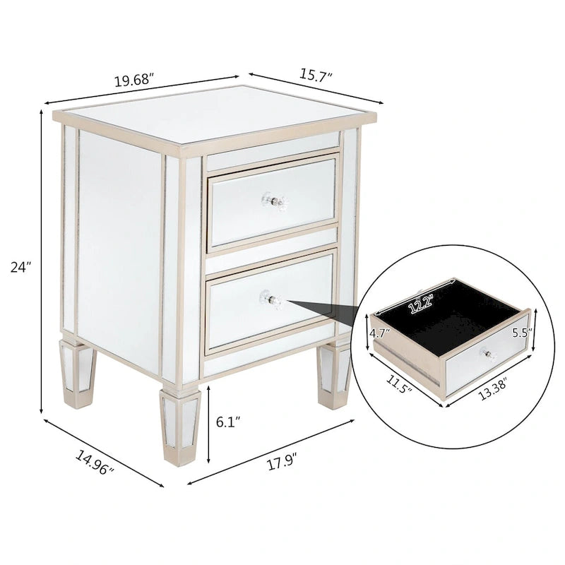 Table de chevet miroir à 2 tiroirs