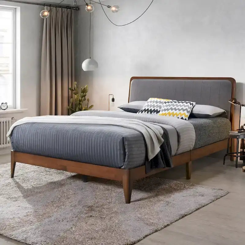 Cadre de lit plateforme Queen en bois de noyer rembourré Raven Grey