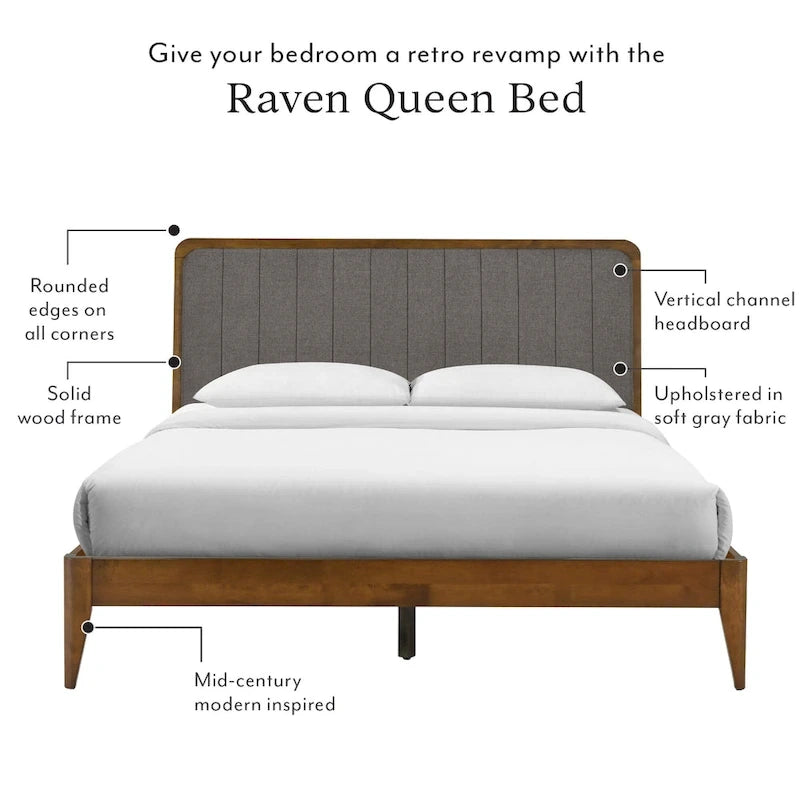 Cadre de lit plateforme Queen en bois de noyer rembourré Raven Grey