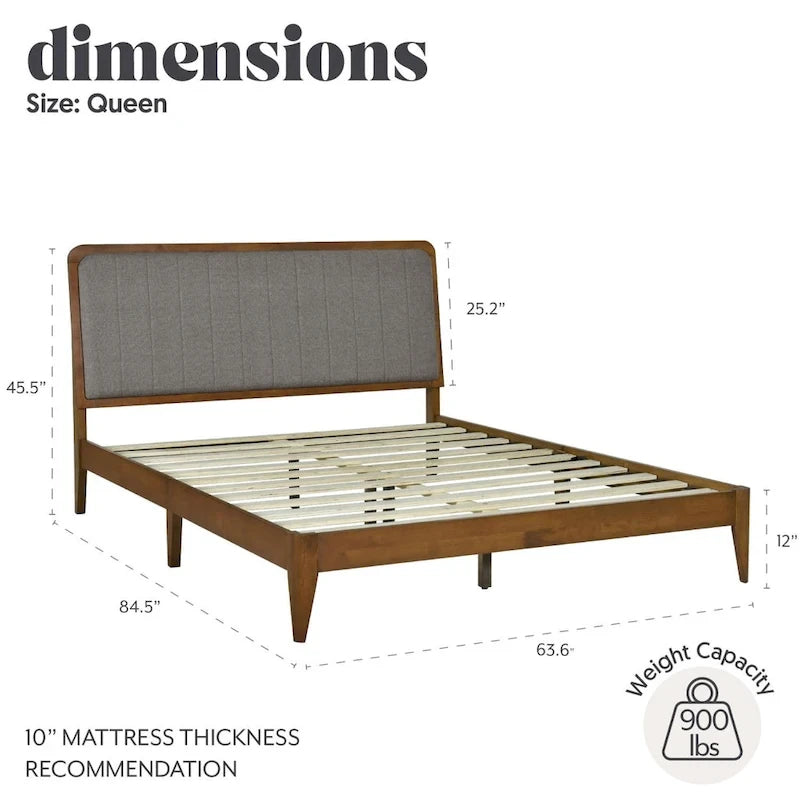Cadre de lit plateforme Queen en bois de noyer rembourré Raven Grey