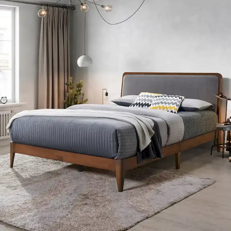 Cadre de lit plateforme Queen en bois de noyer rembourré Raven Grey
