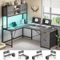 Bureau d'angle en L avec tiroirs, étagères de rangement, pour le gaming ou l'ordinateur