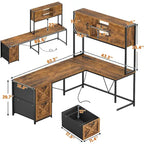 Bureau d'angle en L avec tiroirs, étagères de rangement, pour le gaming ou l'ordinateur