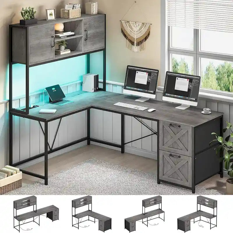 Bureau d'angle en L avec tiroirs, étagères de rangement, pour le gaming ou l'ordinateur