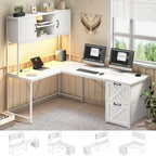 Bureau d'angle en L avec tiroirs, étagères de rangement, pour le gaming ou l'ordinateur