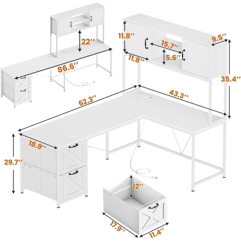 Bureau d'angle en L avec tiroirs, étagères de rangement, pour le gaming ou l'ordinateur