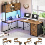 Bureau d'angle en L avec tiroirs, étagères de rangement, pour le gaming ou l'ordinateur