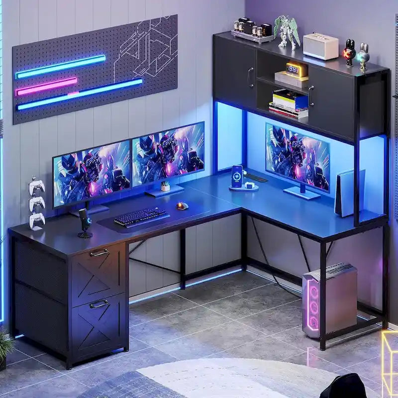 Bureau d'angle en L avec tiroirs, étagères de rangement, pour le gaming ou l'ordinateur