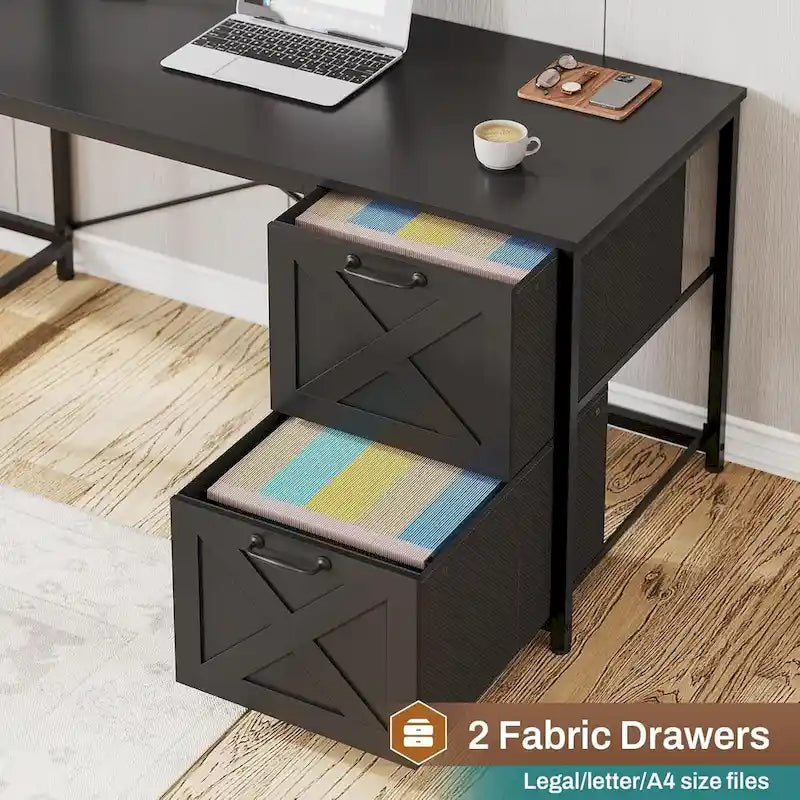Bureau d'angle en L avec tiroirs, étagères de rangement, pour le gaming ou l'ordinateur