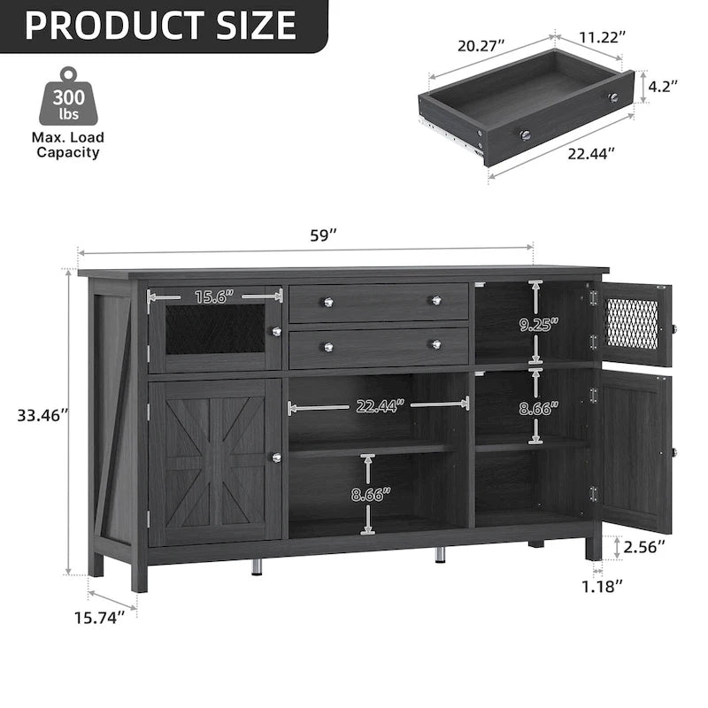 Buffet de ferme avec rangement, bahut 2 tiroirs pour cuisine et salle à manger